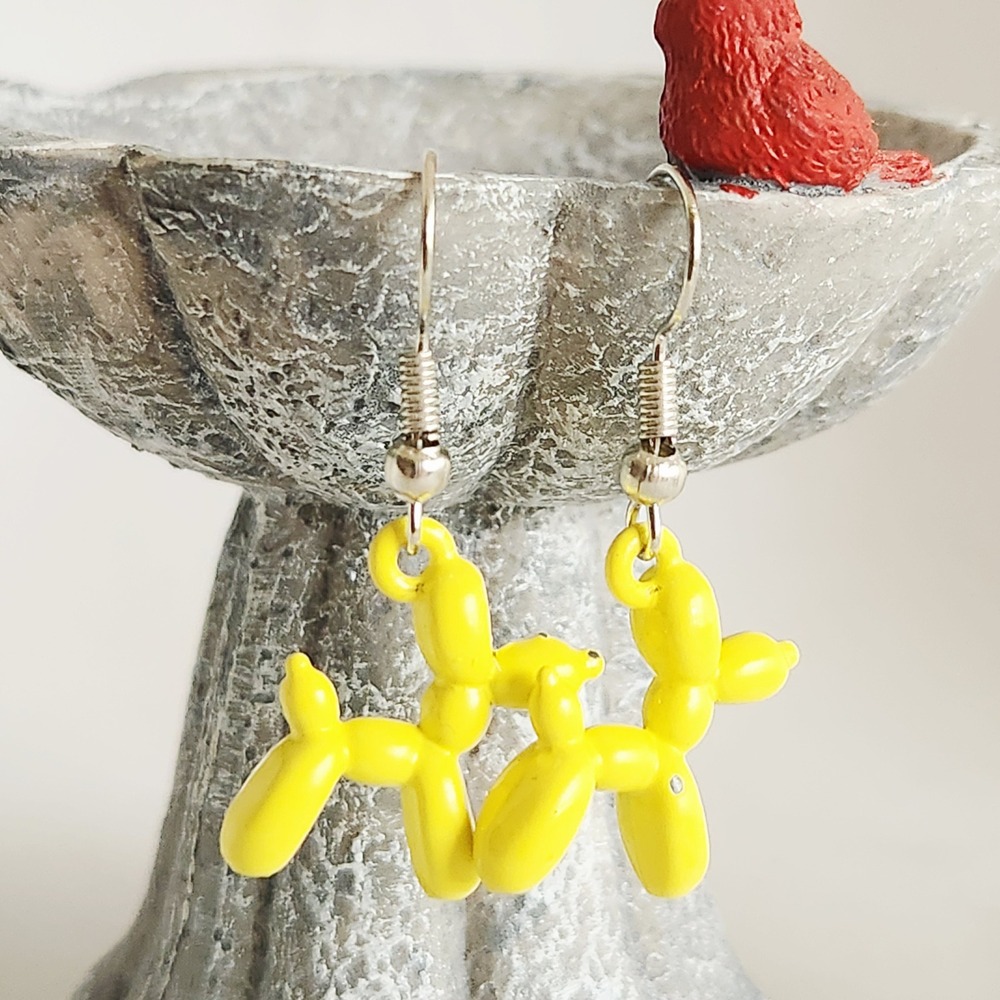 Yellow Balloon Dog Drop Earrings Whimsical Pop Art Animal Dangle Jewelry